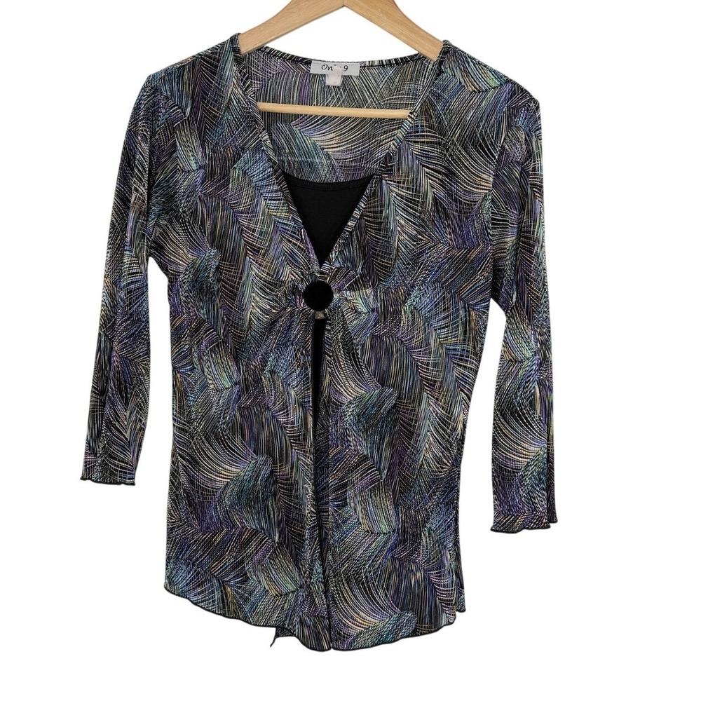 Only 9 Women's Sheer Overlay Abstract Print Blouse Black Inner‎ Top Size Medium